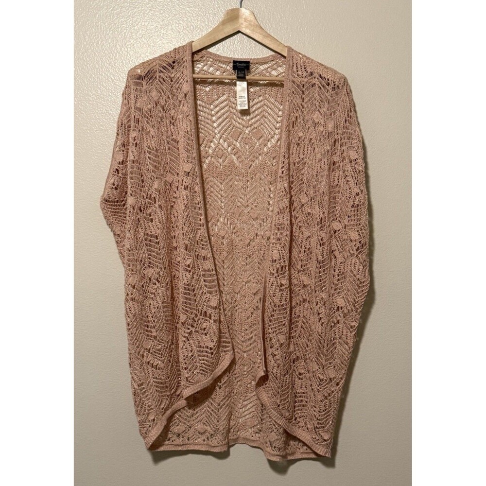 Chico's Travelers Open Knit Sleeveless Cardigan Sweater Peach Pink Sparkle S/M